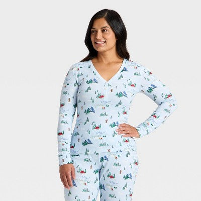 Women's "Tis The Ski-son!" Cozy Knit Long Sleeve Henley Holiday Matching Family Pajama Shirt - Wondershop™ Blue