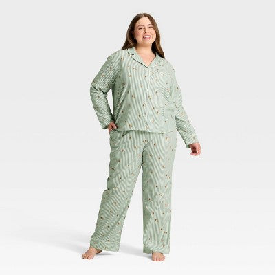 Women's Gingerbread Striped Flannel Long Sleeve Shirt And Pants Holiday Matching Family Pajama Set - Wondershop™ Cream