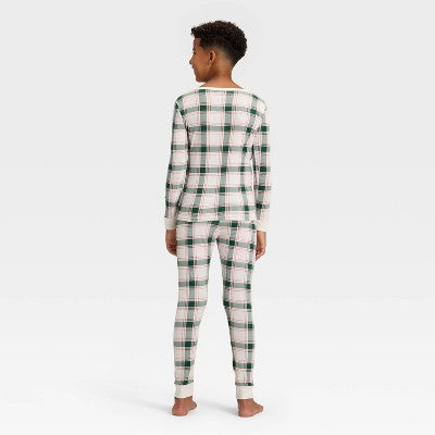 Kids' Plaid Ribbed Long Sleeve Shirt And Pants Holiday Matching Family Pajama Set - Wondershop™ Cream