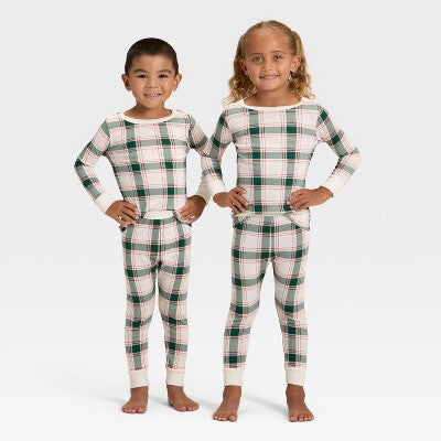 Toddler Plaid Ribbed Long Sleeve Shirt And Pants Holiday Matching Family Pajama Set - Wondershop™ Cream
