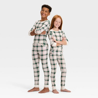 Kids' Plaid Ribbed Long Sleeve Shirt And Pants Holiday Matching Family Pajama Set - Wondershop™ Cream