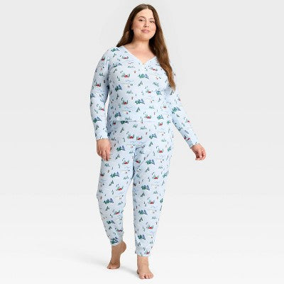 Women's "Tis The Ski-son!" Cozy Knit Long Sleeve Henley Holiday Matching Family Pajama Shirt - Wondershop™ Blue