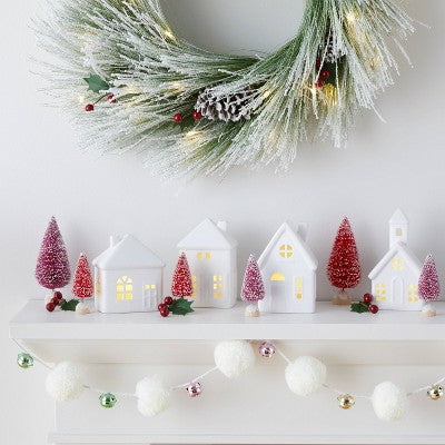  10pc Battery Operated Decorative Ceramic Village Kit White With Blush Trees - Wondershop™