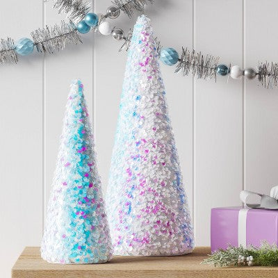  Christmas Sequins Cone Shape Tree Table Top Decor Iridescence Medium - Wondershop™