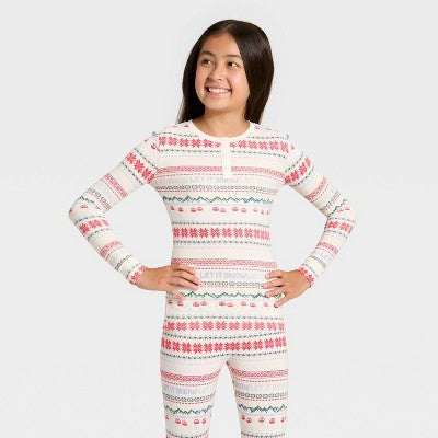  Kids' "Let It Snow" Fair Isle Cozy Knit Long Sleeve Shirt And Pants Holiday Matching Family Pajama Set - Wondershop™ Cream