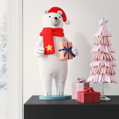  23.5" Fabric Polar Bear Holding Gift Animal Statue - Wondershop™ White