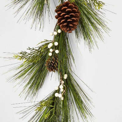  6' Unlit Artificial Pine Christmas Garland With White Berries & Pinecones Green - Wondershop™